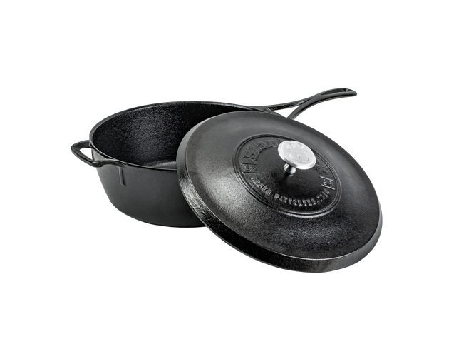 The Lodge Blacklock Cast Iron Deep Skillet With Lid is a lightweight, nontoxic Dutch oven-style essential in black. It features a silver knob, embossed text on the matching lid, and two handles for easy use. Triple seasoned for superior performance.