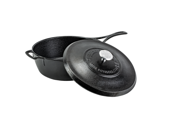 The Lodge Blacklock Cast Iron Deep Skillet With Lid is a lightweight, nontoxic Dutch oven-style essential in black. It features a silver knob, embossed text on the matching lid, and two handles for easy use. Triple seasoned for superior performance.