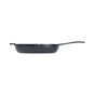 A side view of the Lodge Blacklock Blacklock Triple Seasoned Skillet, featuring a long handle and black finish, isolated on a white background.