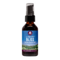 A brown bottle with a black pump labeled “Liquid Bliss Peace” by WishGarden Herbs features a natural landscape and starry sky. This 2 fl oz herbal supplement is crafted to provide gentle mood support.