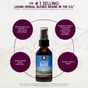 A bottle of WishGarden Herbs Liquid Bliss Peace is centered, encircled by benefits: promotes feel-good hormones, eases tension, offers fast-acting mood support, and is gluten-free & vegan. Text highlights this top-selling herbal supplement for the nervous system.
