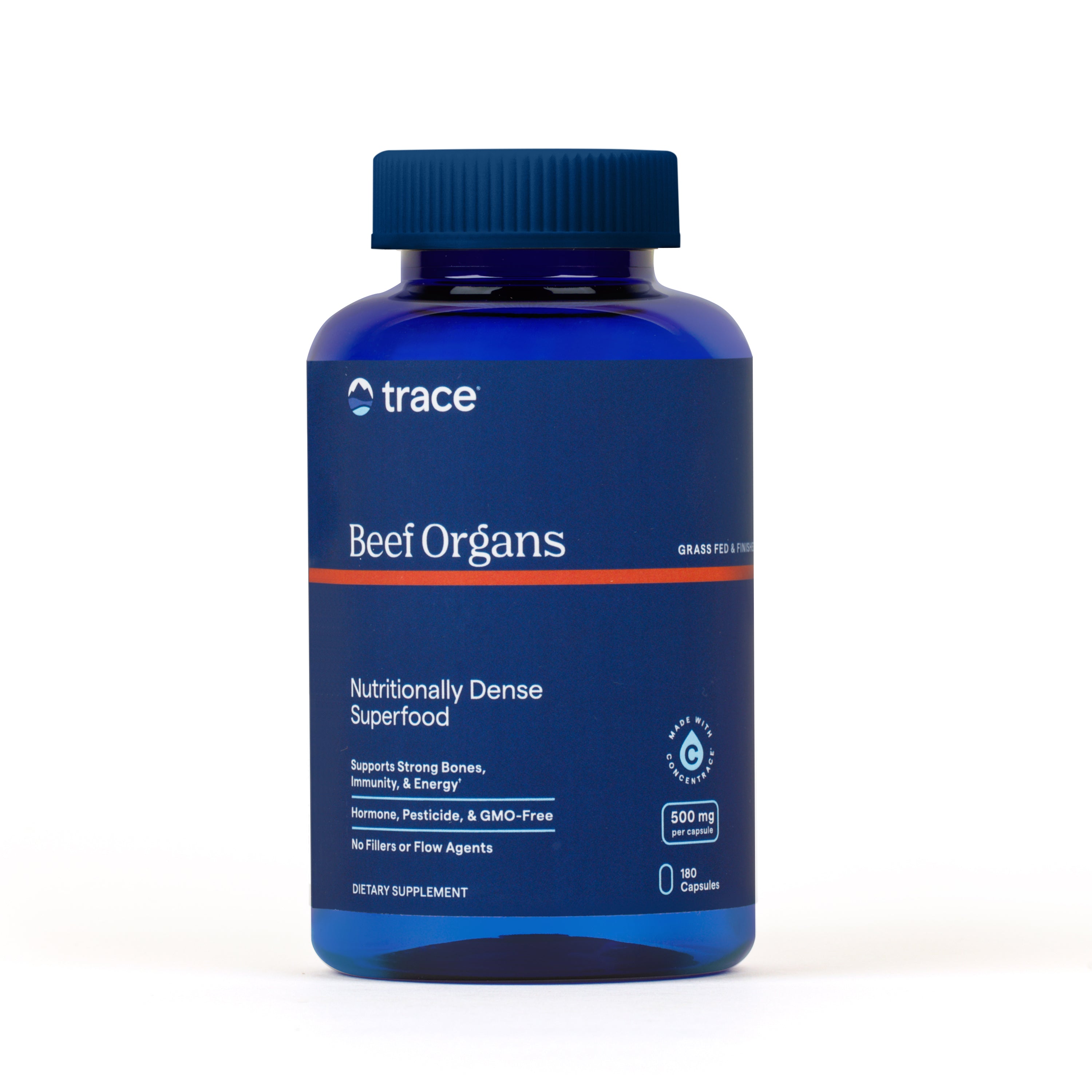 The blue Trace Minerals Beef Organ Complex bottle contains 180 capsules, each with 500 mg of nutrient-dense, grass-fed beef organ meats. The product is labeled hormone-free and GMO-free for a pure superfood supplement.