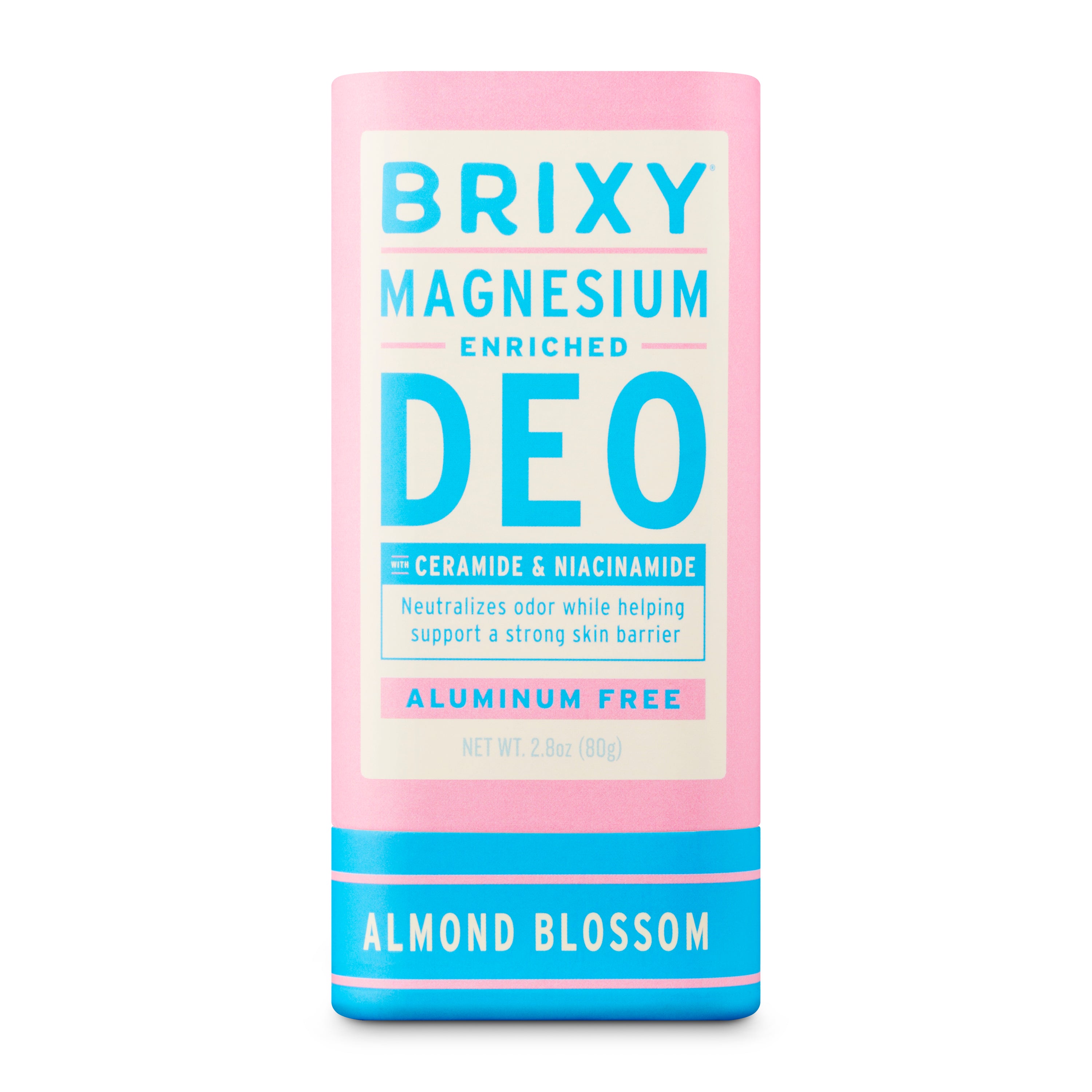 BRIXY Deodorant in Almond Blossom is a pink and blue stick enriched with magnesium, ceramide, and niacinamide. Aluminum-free, gentle on sensitive skin, and comes in zero-plastic packaging.