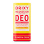 A yellow and red BRIXY Deodorant tube in Plumeria Crush scent, enriched with magnesium, ceramide, and niacinamide for sensitive skin. Aluminum free, odor neutralizing, skin supporting, and zero plastic packaging.