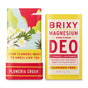 Two vibrant BRIXY Deodorant sticks in zero-plastic packaging: the left with floral art, reading "Even flowers want to smell like you, Plumeria Crush," and the right is BRIXY Magnesium Enriched Deo for sensitive skin.
