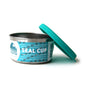 The EcoLunchBox Seal Cup Solo is a round, stainless steel food container with a turquoise silicone lid. Its label promotes the leak-proof design as plastic-free and ocean friendly.