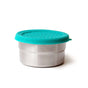 The EcoLunchBox Seal Cup Solo is a small, round, leak-proof stainless steel container with a turquoise textured silicone lid and embossed rim. This plastic-free food container is both stylish and functional, shown on a white background.