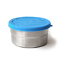 The EcoLunchBox Seal Cup Medium features a stainless steel container with a blue, round, wavy-textured silicone lid. Both leak-proof and airtight, it’s a reusable, plastic-free lunchbox—perfect for storing food on the go.