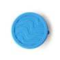 The EcoLunchBox Seal Cup Medium is a round blue silicone lid with a raised wavy pattern, designed to fit your stainless steel container. Photographed on a white background.