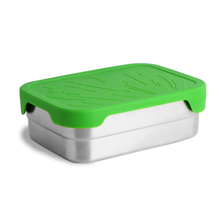 The EcoLunchBox Splash Box™ XL is a rectangular stainless steel lunch container with a bright green, textured silicone lid that fits snugly and slightly overhangs the edges for style and sustainability—completely plastic-free.