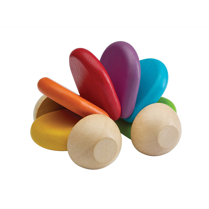 The PlanToys Wooden Baby Push Toy Car is an eco-friendly baby toy with four natural wood wheels and a vibrant oval body in red, orange, yellow, green, blue, and purple—perfect for sustainable play.