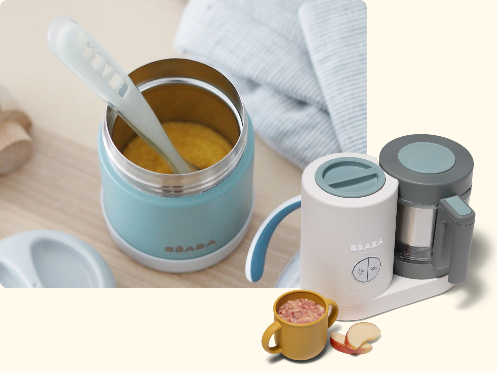 A blue and silver food thermos with a spoon inside, a white and gray BEABA baby food maker, a mug of pureed food, and apple slices are shown on a light-colored surface.