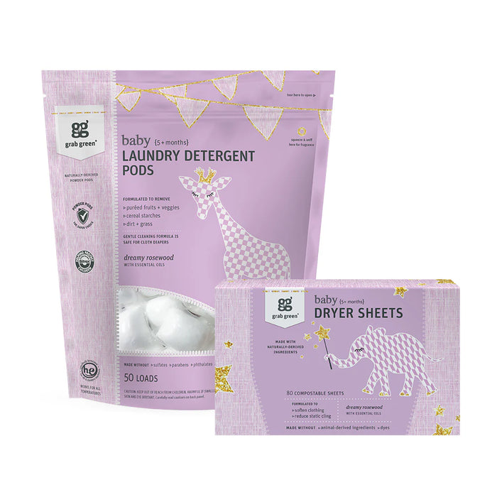 Grove Collaborative’s Baby Laundry Detergent Pods + Baby Dryer Sheets Kit features lavender packaging with giraffe and elephant illustrations, plus playful star and leaf designs.