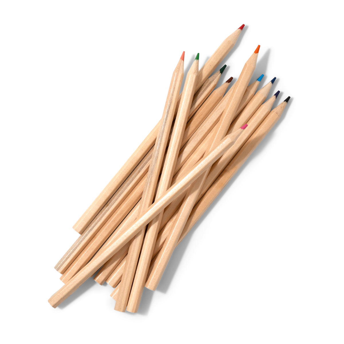 A scattered pile of natural wood-colored pencils with different colored tips, arranged on a white background.