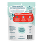 Back of a Shameless Pets Dog Treats - Bacon It Freestyle bag featuring text about sustainability, an ingredients list, feeding guide, and a cheerful cartoon dog mascot. Highlights include sweet potatoes and eco-friendly practices aimed at reducing food waste. These grain-free treats are expertly crafted to support digestive health while delivering delicious bacon flavor in every bite.