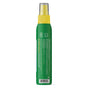A green Anti-Bug Shake & Spray bottle by Badger Balm with a yellow cap, shown from the back, displays white ingredient details, certification icons near the top, and is labeled as an organic insect repellent with citronella lemongrass.