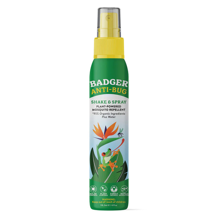 Badger Balm Anti-Bug Shake & Spray is a green and yellow bug spray bottle with plant artwork and a badger, featuring citronella and lemongrass. DEET-free and made with 95% organic ingredients, it offers plant-powered mosquito protection.