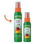Two green spray bottles labeled Badger Balm Anti-Tick Repellent Shake & Spray, each with an orange cap and decorated with a flower and bird illustration. These organic, DEET-free tick repellent sprays are distinguished by their natural ingredients. An arrow points to the larger bottle to emphasize its greater size compared to the smaller one.