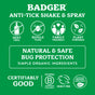 Green label for Badger Balm Anti-Tick Repellent Shake & Spray, featuring an organic design that highlights its DEET-free, family-safe, and plant-based formula. Showcases certification symbols and cruelty-free status while emphasizing its effectiveness as a natural tick repellent.