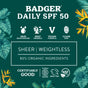Update: Here’s a rewritten sentence using your product data. The dark green label for Badger Balm’s Daily Mineral Sunscreen - SPF 50 showcases icons for skin moisturizing, reef friendly, vegan formula, and clear zinc. Key features include a sheer and weightless feel, 80% organic ingredients, cruelty free certification, and a “certified good” designation. This reef-safe sunscreen provides broad-spectrum protection with trusted non-nano zinc oxide.