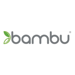 The image shows the bambu logo in gray lowercase letters, with two green leaves forming the left side of the letter b on a white background.