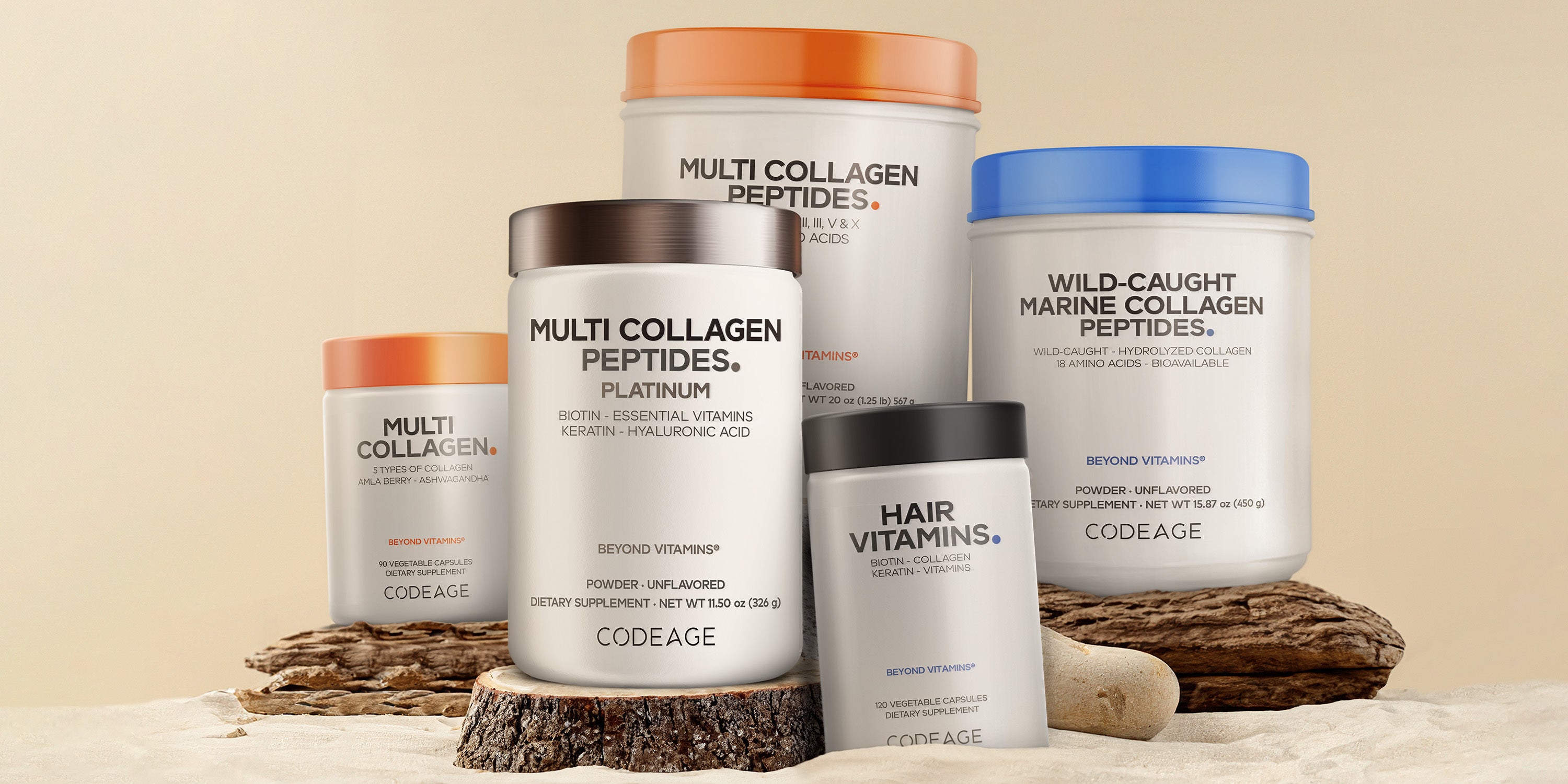 A display of five white supplement containers labeled with products such as Multi Collagen Peptides and Hair Vitamins, placed on wooden logs and a beige background. The brand Codeage appears on each container.