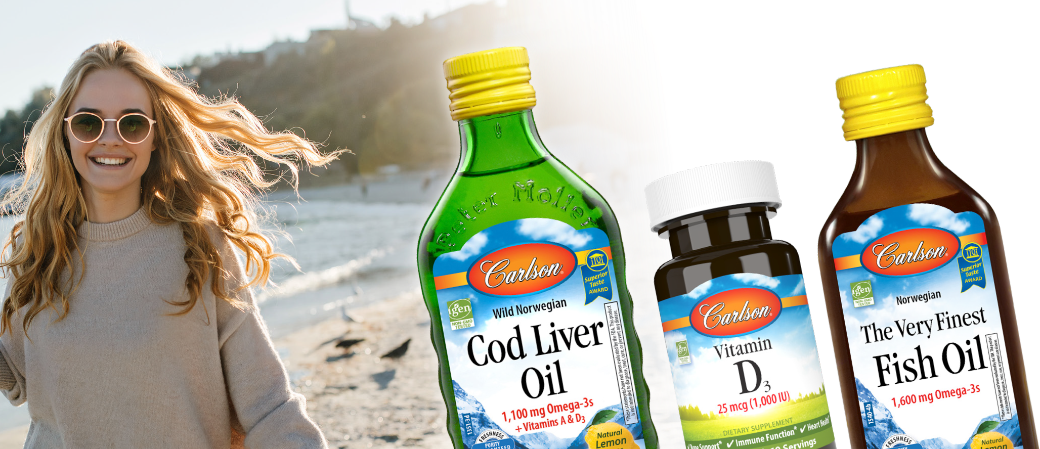 Woman on a beach with bottles of Carlson brand Cod Liver Oil, Vitamin D3, and Fish Oil.