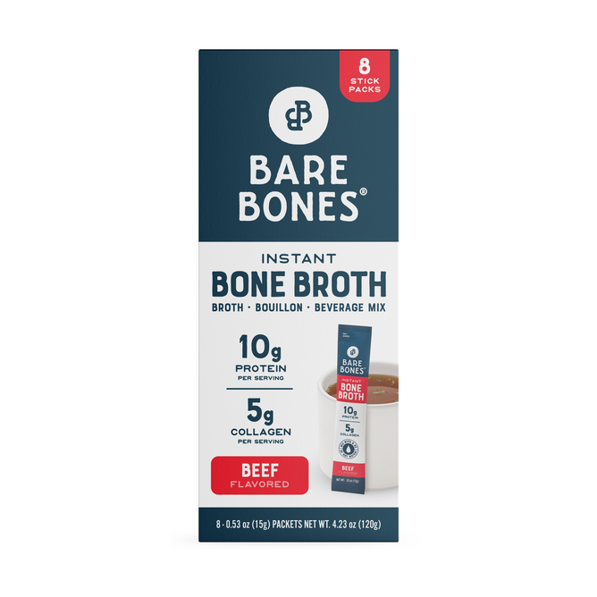 Front of a Bare Bones Beef Instant Bone Broth Stick, 8ct box. Features 10g protein and 5g beef collagen per serving. Packaging is mainly white and navy with red accents.