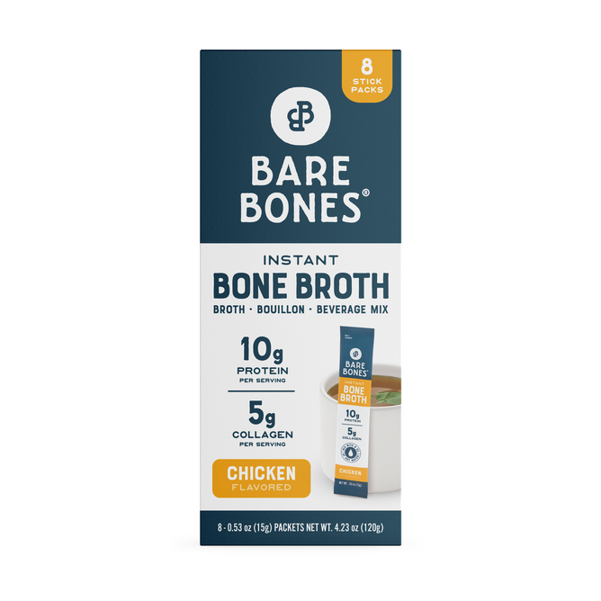 Front of a Bare Bones Chicken Instant Bone Broth Stick (8ct) box, showing blue, white, and yellow design. Features 10g protein and 5g chicken collagen per serving, plus an image of a broth packet and cup.