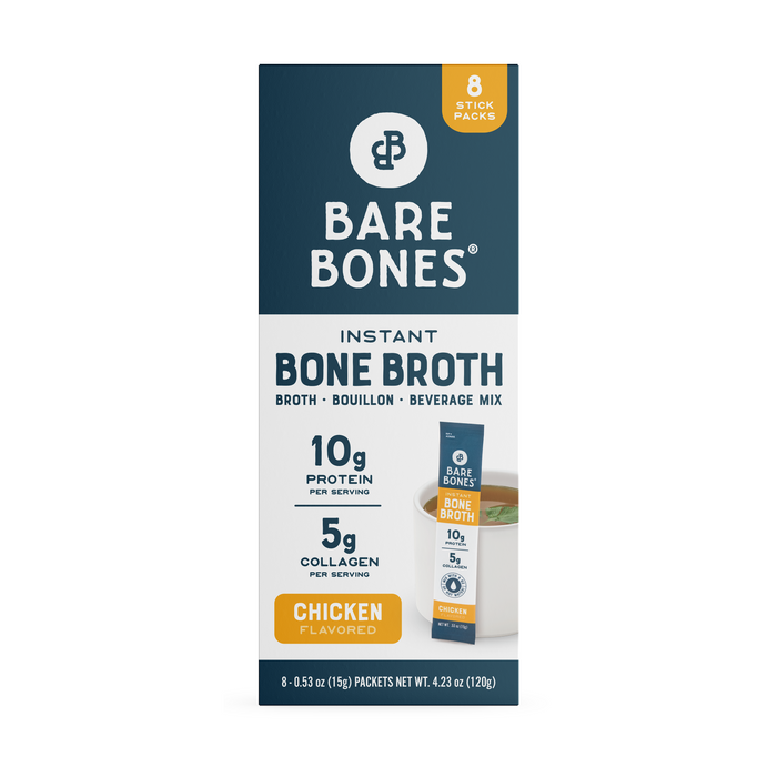 Front of a Bare Bones Chicken Instant Bone Broth Stick (8ct) box, showing blue, white, and yellow design. Features 10g protein and 5g chicken collagen per serving, plus an image of a broth packet and cup.
