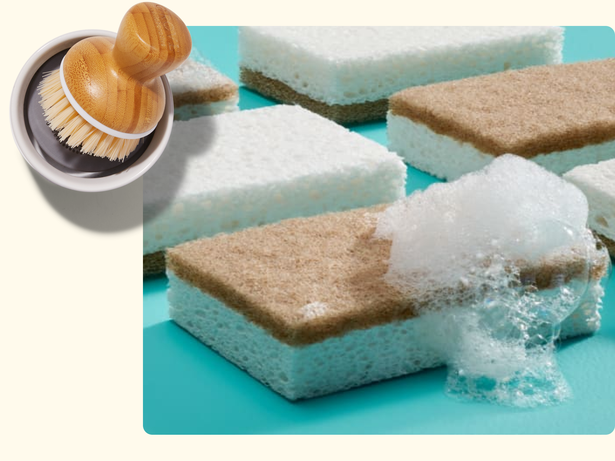 A close-up of brown and white sponges on a blue surface, with one sponge covered in soapy bubbles. In the top left, a small dish holds a wooden scrub brush with stiff bristles.