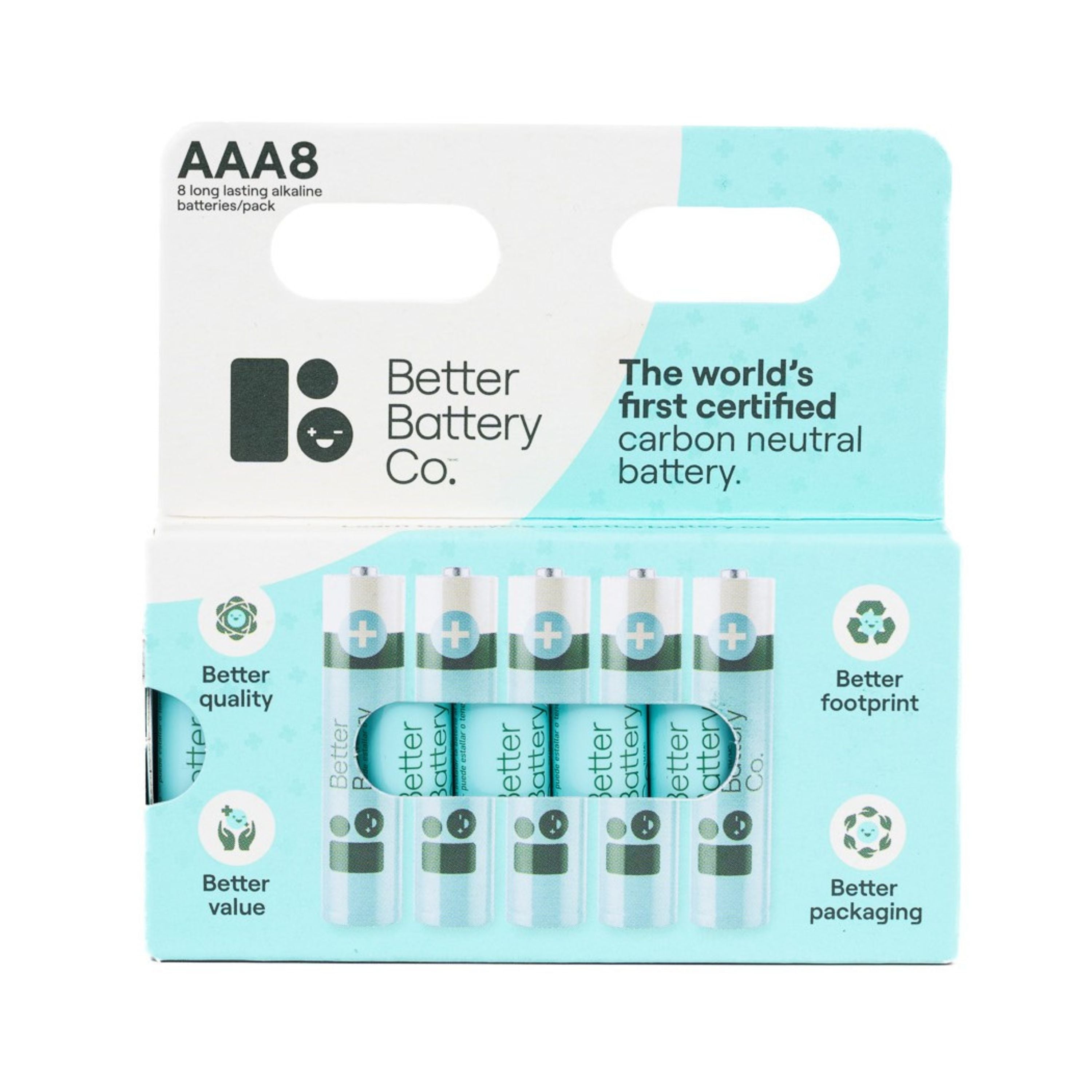 A package of Better Battery Co. AAA batteries, featuring five batteries. The packaging highlights carbon neutrality, better quality, value, footprint, and packaging in a white and teal design.