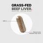 A brown capsule of Codeage Beef Liver Capsules - Grass-Fed is shown, featuring a labeled size of 0.82 inches and a note that natural color variation may occur, emphasizing the product as nature’s multivitamin in a convenient desiccated beef liver form.