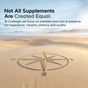A compass rose is sketched in the sand of a vast, empty desert. Text reads: Not All Supplements Are Created Equal. At Codeage, we prioritize precision and care to maintain the integrity, potency, and quality of our ingredients—exemplified by our Beef Liver Capsules - Grass-Fed supplement, bringing you nature’s multivitamin for your well-being.