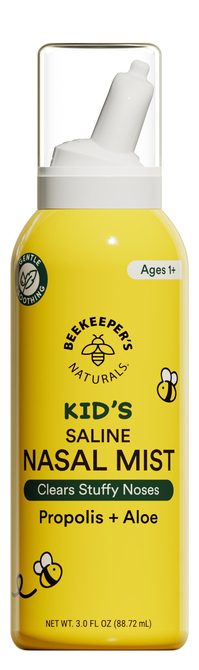 Beekeeper’s Naturals Kid’s Saline Nasal Mist for ages 1+ features propolis nasal spray and aloe leaf extract; the yellow spray bottle is labeled Gentle & Soothing and Clears Stuffy Noses, with bee illustrations.