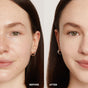 Side-by-side close-up of a woman's face shows a makeup transformation: the left is natural, while the right "after" side features defined brows, smoother skin, and a subtle glow using Axiology Fungdation - Mushroom Foundation.