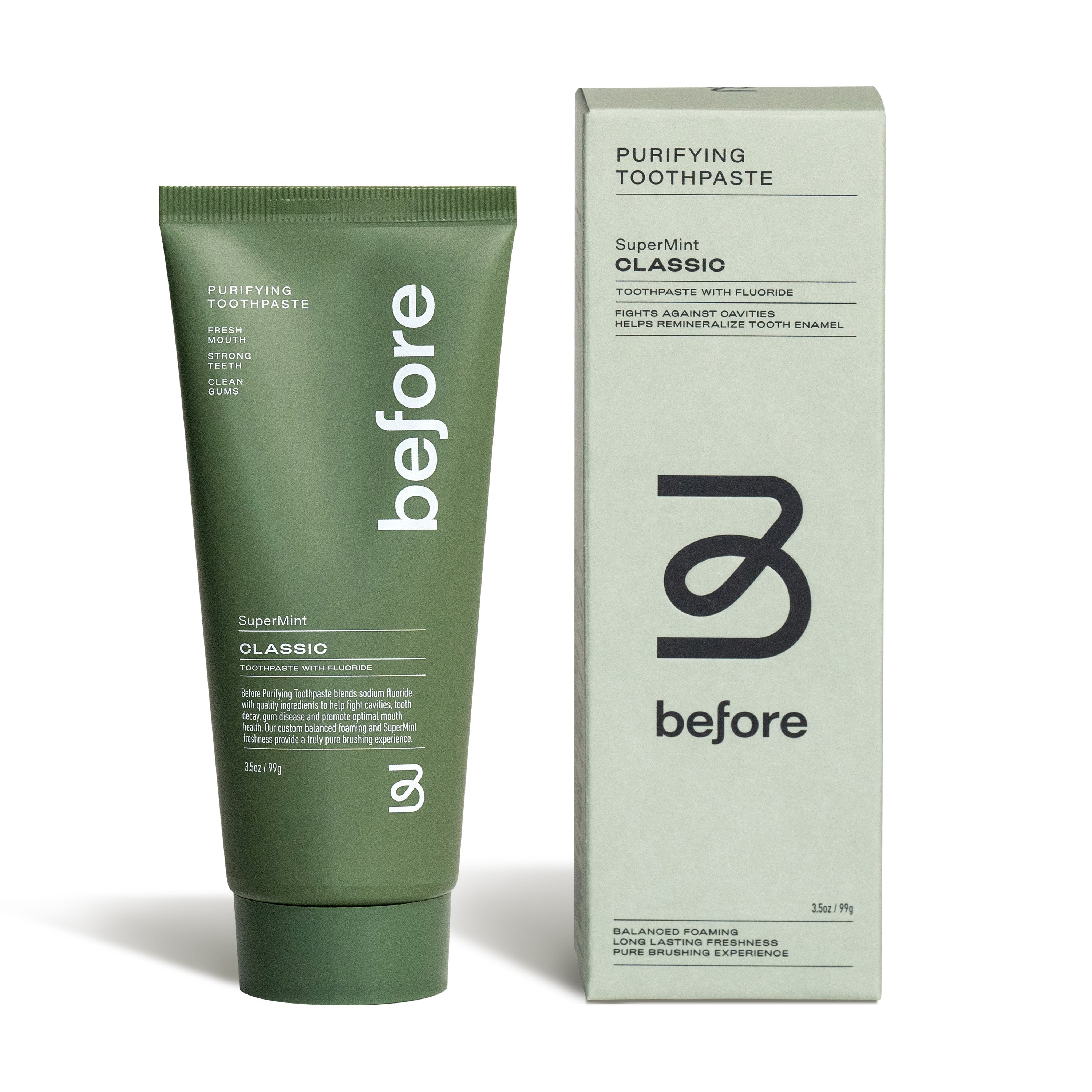 A green tube and matching box of before Classic Purifying Toothpaste w/ Fluoride, Anti-Cavity. Both feature white product details, a bold black b logo, and a minimalist design.
