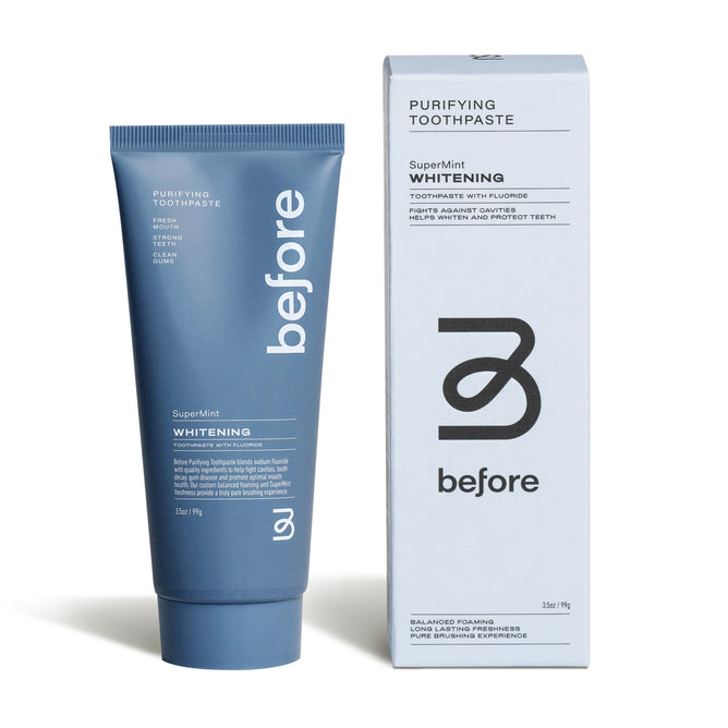 A blue tube of before Whitening Purifying Toothpaste w/ Fluoride, Anti-Cavity stands by its matching box, both in a minimalist design highlighting fluoride, whitening, tooth protection, and clean ingredient benefits.