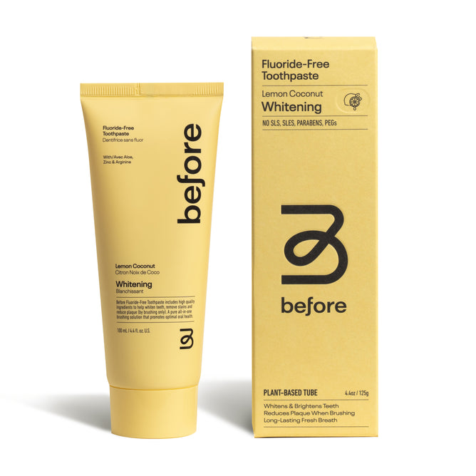 A yellow tube and box of before Whitening Toothpaste Fluoride-Free with bold black text and minimalist design. The packaging highlights a plant-based tube, clean ingredients, and no SLS, SLES, parabens, or PEGs.