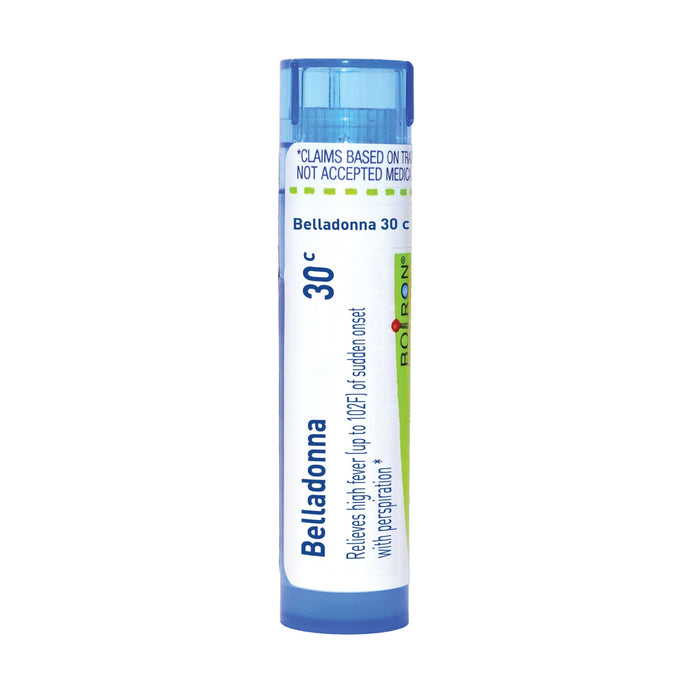 Boiron Belladonna 30C MD is a blue tube of homeopathic medicine used for sudden high fever relief (up to 102°F) with perspiration; includes a disclaimer that claims are not supported by medical evidence.