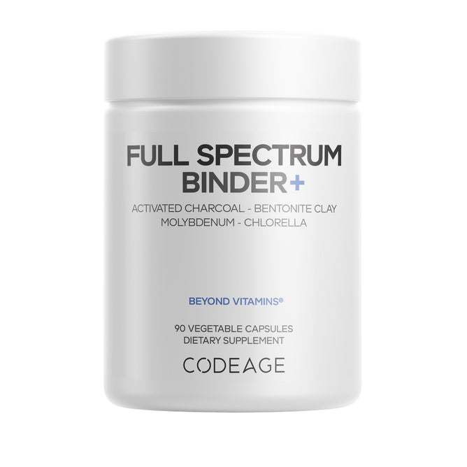 Full Spectrum Binder+ Capsules by Codeage come in a white bottle containing 90 vegetable capsules. This advanced formula includes key ingredients such as activated charcoal, bentonite clay, molybdenum, and chlorella.