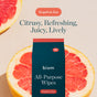 A pouch of Biom All-Purpose Wipe Refills (Grapefruit Zest) rests against a grapefruit-hued backdrop. Text reads: “Citrusy, Refreshing, Juicy, Lively.” These plant-based wipes from Biom deliver a natural and invigorating clean for any space.
