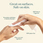 Two hands using Biom All-Purpose Wipe Refills: Great on surfaces, safe on skin, 100% natural fragrances, no parabens or phthalates, clean non-toxic ingredients, and 100% plastic-free.