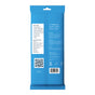 Back of a blue Biom Full Body Wipe Go-Pack showing features and ingredients, with a QR code, recycling symbols, and text highlighting that the hypoallergenic wipes are made without harsh chemicals and contain skin-safe ingredients.