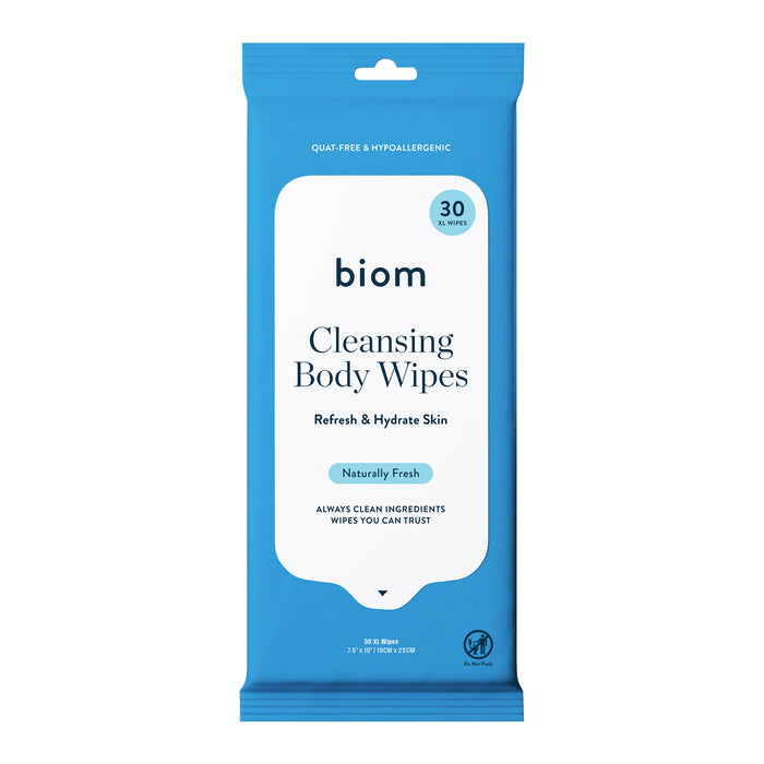 A blue pack of Biom Full Body Wipe Go-Pack, labeled as Naturally Fresh and containing 30 wipes per package. The packaging emphasizes that these wipes are quat-free, hypoallergenic, and made with skin-safe ingredients for a gentle cleanse.