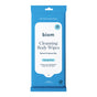 A blue pack of Biom Full Body Wipe Go-Pack, labeled as Naturally Fresh and containing 30 wipes per package. The packaging emphasizes that these wipes are quat-free, hypoallergenic, and made with skin-safe ingredients for a gentle cleanse.
