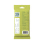 Back of a green Biom Hand Sanitizing Wipe Go-Pack showing a QR code, warning and ingredient text, small icons, barcode, and brand details in fine print. The resealable packaging features comprehensive product information, emphasizing that these are plant-based alcohol wipes designed for convenient on-the-go hand sanitizing needs.