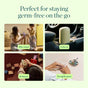 Four images highlight the versatility of Biom’s Hand Sanitizing Wipe Go-Pack: a mother and child using them after school, wipes kept handy in a car, a child cleaning hands at daycare, and an adult staying protected during flu season. Text: Perfect for staying germ-free on the go.