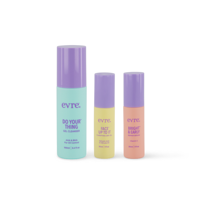 Three colorful skincare bottles from evre.s Blemish Set: the blue DO YOUR THING AHA BHA Gel Cleanser, yellow FACE UP TO IT Illuminating Gel, and peach BRIGHT & EARLY Awakening Gel.