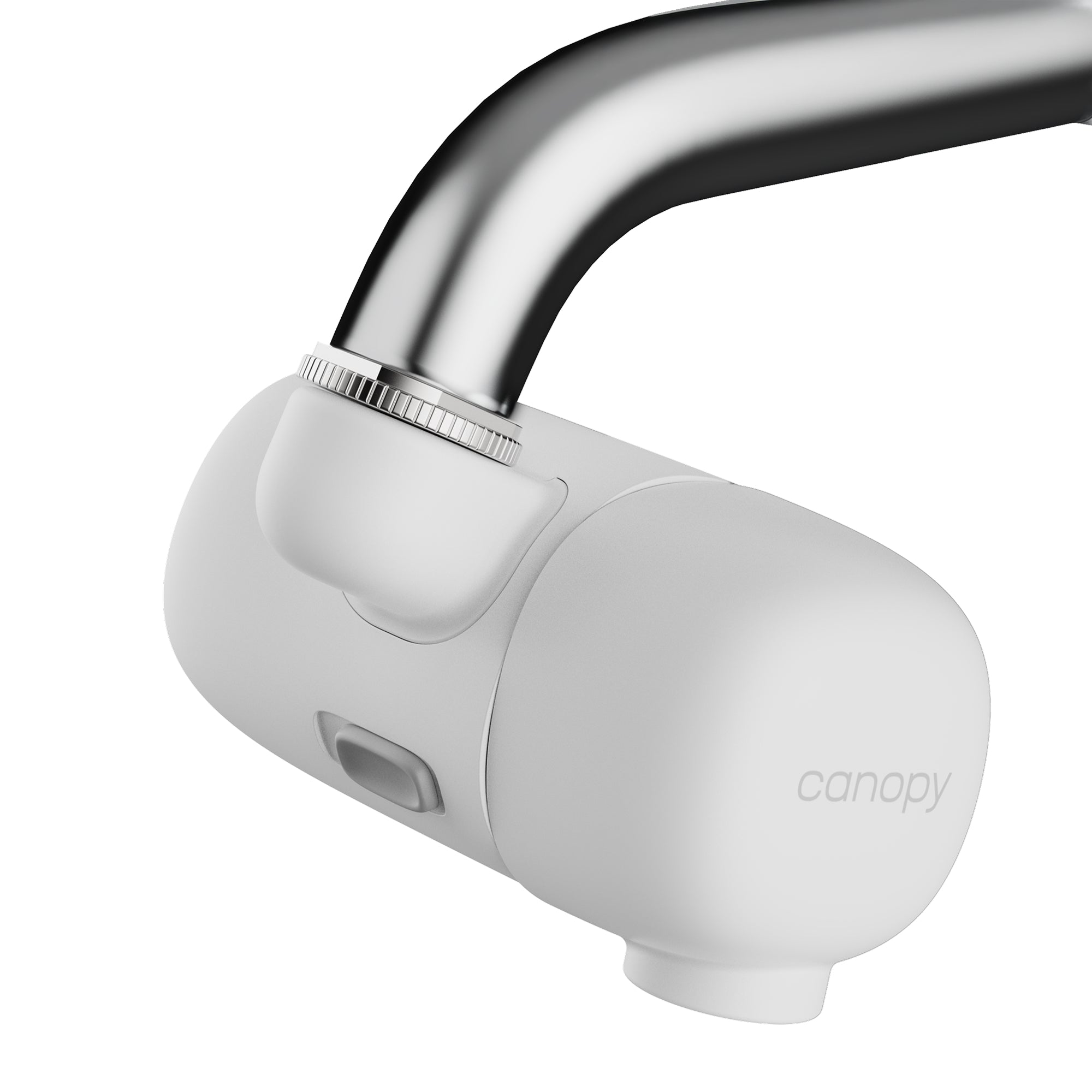A close-up of a white Canopy Faucet Filter attached to a curved silver faucet. The modern filter showcases a visible button, the Canopy brand name, and provides filtered water with effective chlorine reduction.